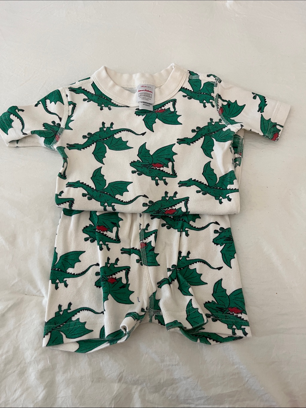 Hanna Andersson White Short-Sleeve Pajama Set With Green Dragon Print